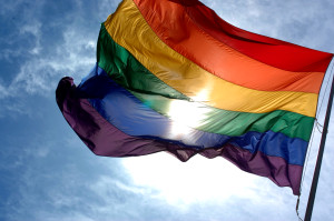 The six-colour version of the pride flag is the most commonly used version. The original version from 1978 had two additional stripes — hot pink and turquoise which were removed due to manufacturing needs. Via Wikimedia Commons.