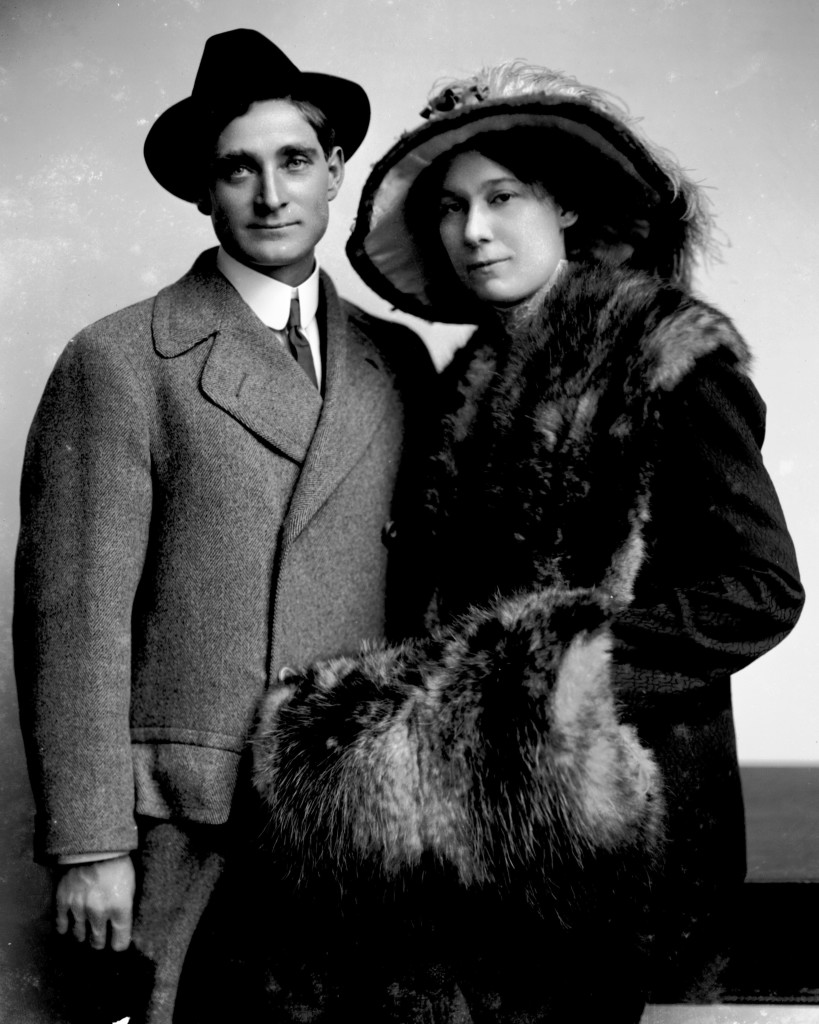 Studio portrait of Mr. Emil C. Boniger and his wife Bertha standing next to each other. According to a newspaper article in the Davenport Democrat, the couple celebrated their tenth wedding anniversary in June 1913.