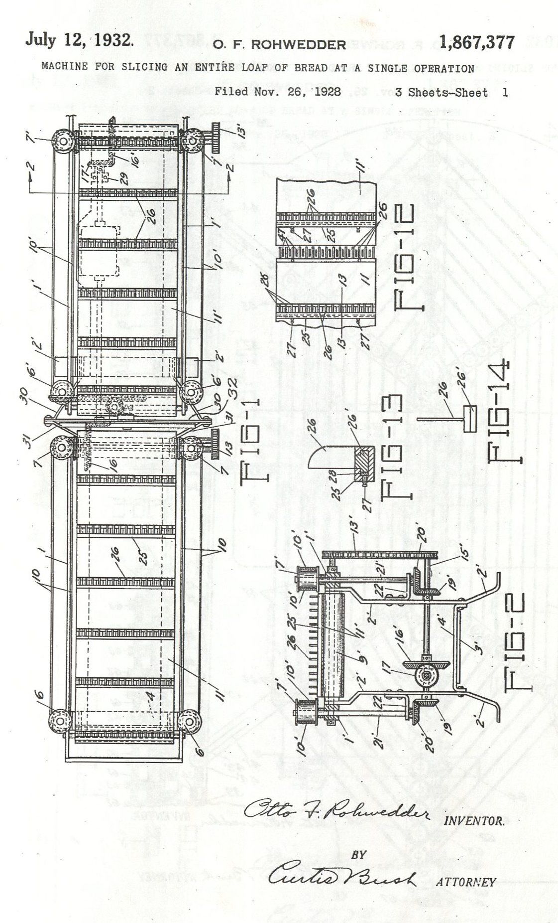 Otto Rohwedder's original bread slicer patent application and blueprint.
